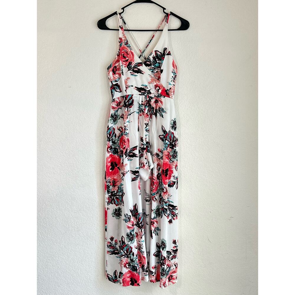 Franchesca's Miami Floral Spaghetti Cross Back Romper Train Maxi Dress SZ Small - Picture 2 of 14